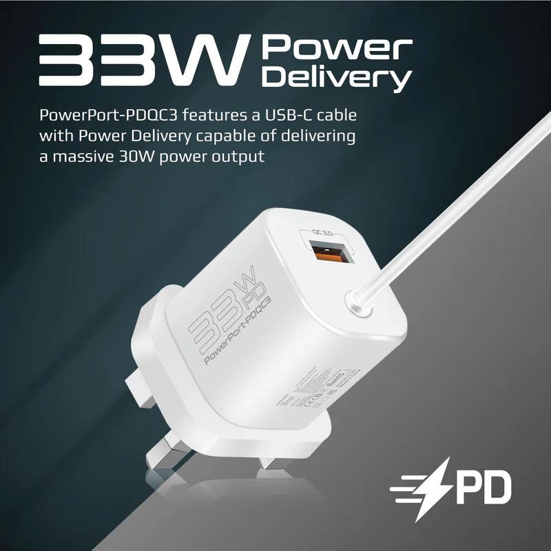 PROMATE PowerPort-PDQC3 - 33W Super Speed Wall Charger with Quick Charge 3.0 & USB-C Power Delivery