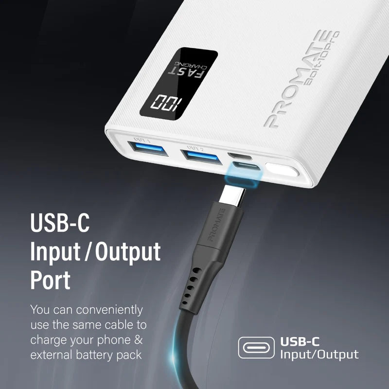 PROMATE Bolt-10Pro 10000mAh Compact Smart Charging Power Bank with Dual USB-A & USB-C Output