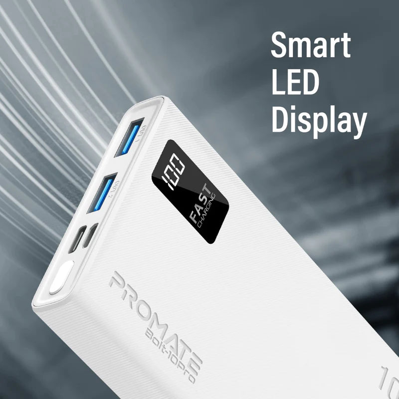 PROMATE Bolt-10Pro 10000mAh Compact Smart Charging Power Bank with Dual USB-A & USB-C Output