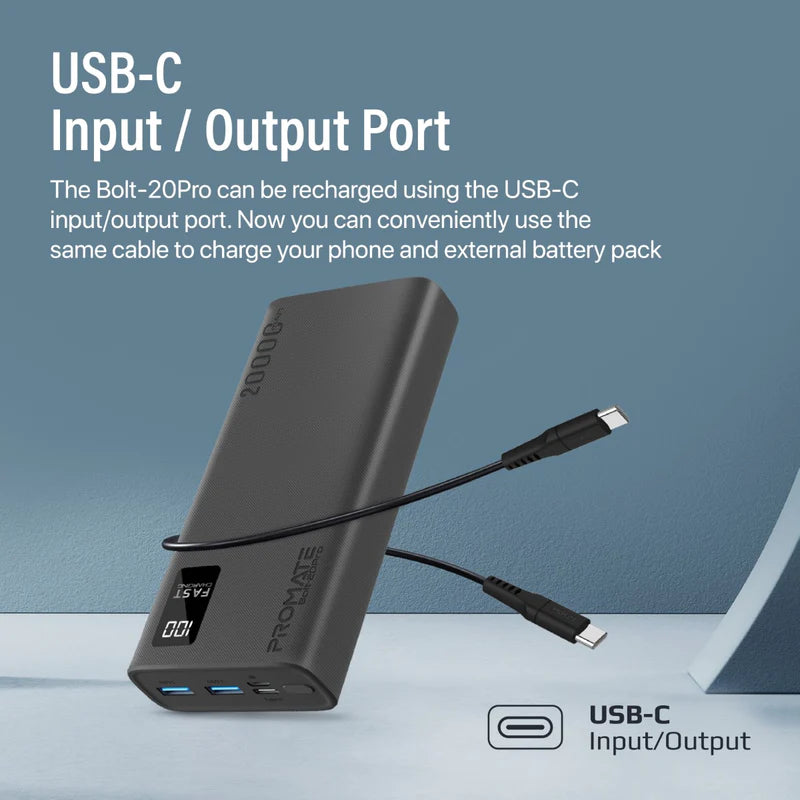 PROMATE Bolt-20Pro 20000mAh Compact Smart Charging Power Bank with Dual USB-A & USB-C Output