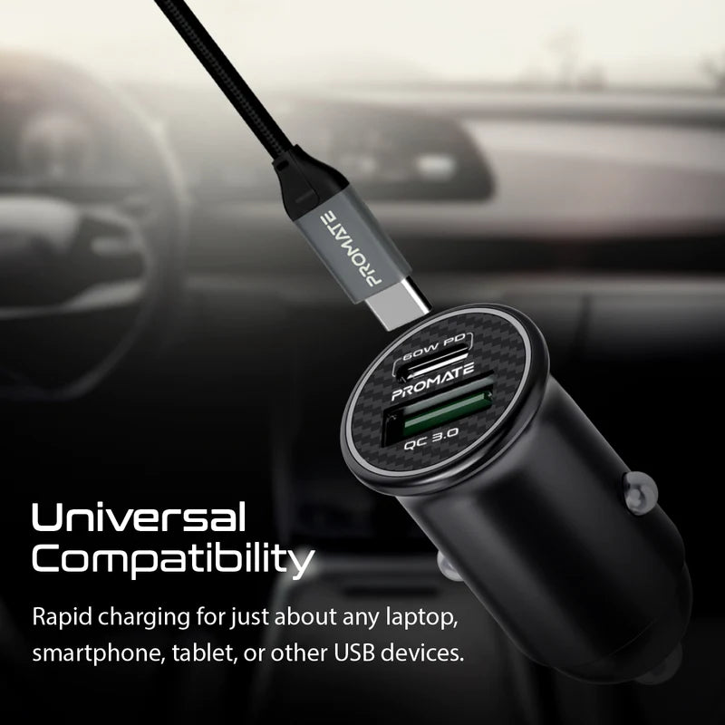PROMATE Bullet-PD60 RapidCharge™ Mini Car Charger with 60W Power Delivery & Quick Charge 3.0