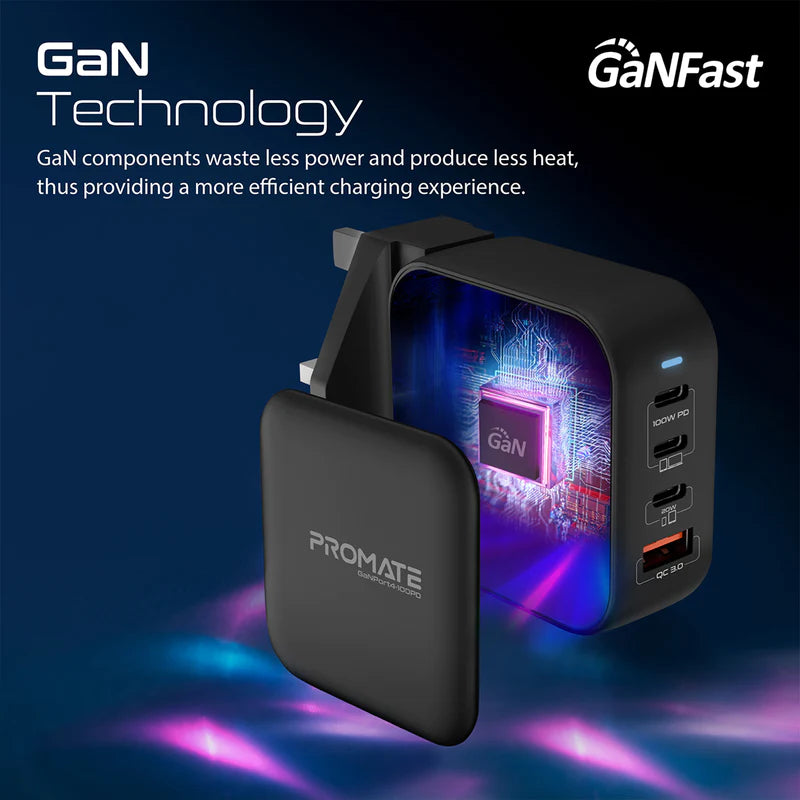 PROMATE GaNPort4-100PD 100W Power Delivery GaNFast™ Charger with Quick Charge 3.0