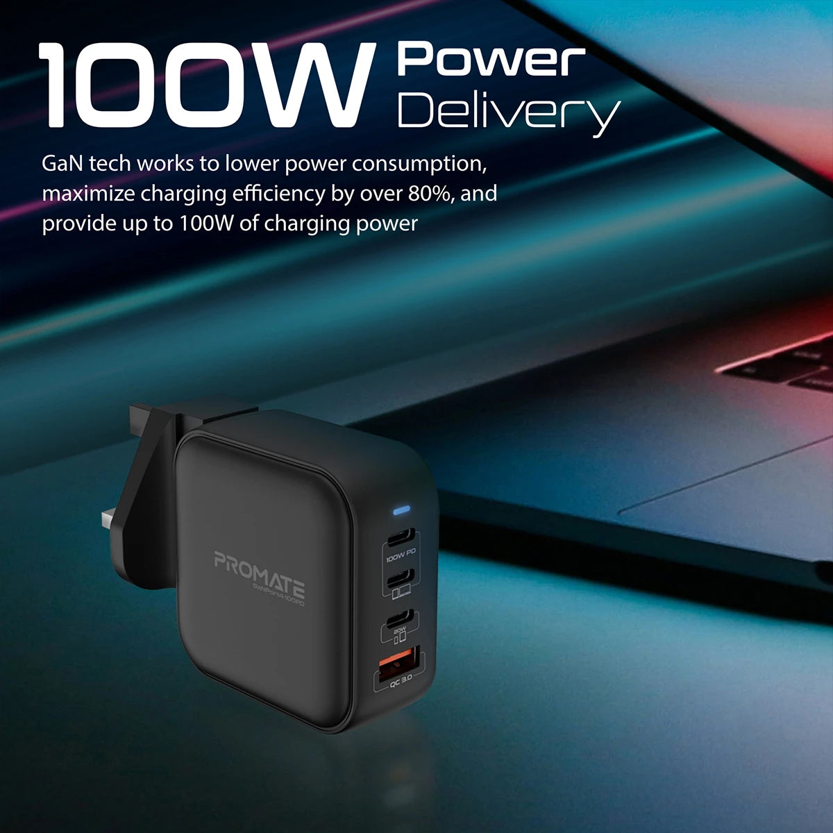 Promate GaNPort4-100PD Super-Fast 100W Dual USB-C Power Delivery Wall Charger