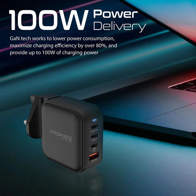 PROMATE GaNPort4-100PD 100W Power Delivery GaNFast™ Charger with Quick Charge 3.0