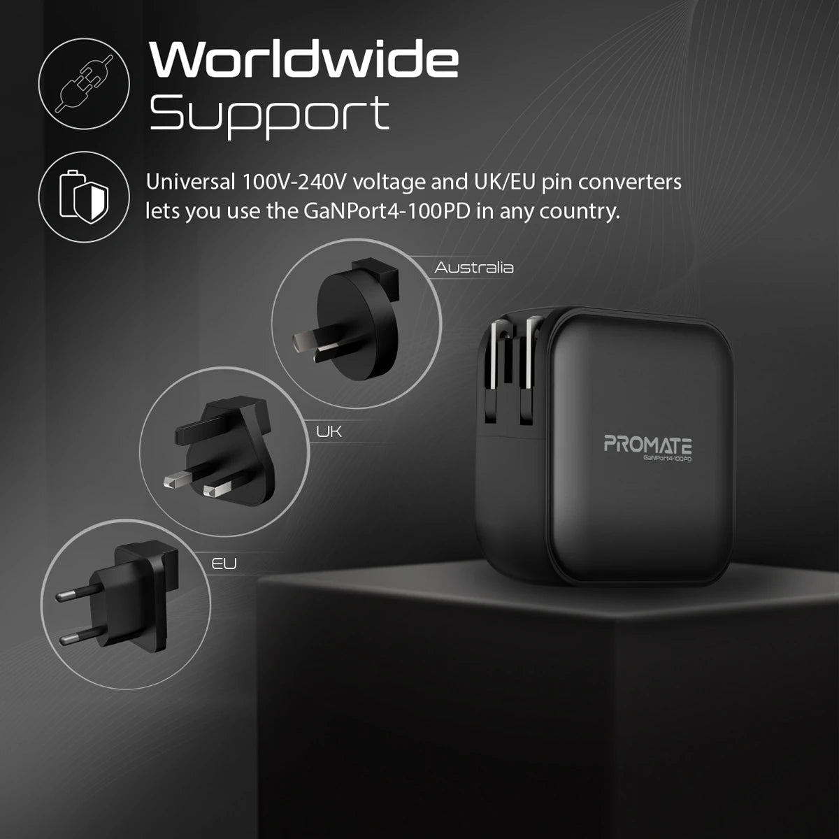 Promate GaNPort4-100PD Super-Fast 100W Dual USB-C Power Delivery Wall Charger