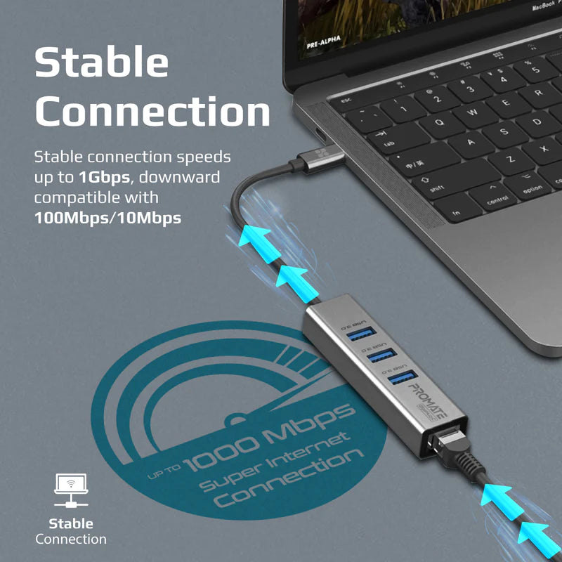 PROMATE GigaHub-C Multi-Port USB-C Hub with Ethernet Adapter (USB 3.0 Ports, 5Gbps Sync, 1000Mbps Ethernet as icons)