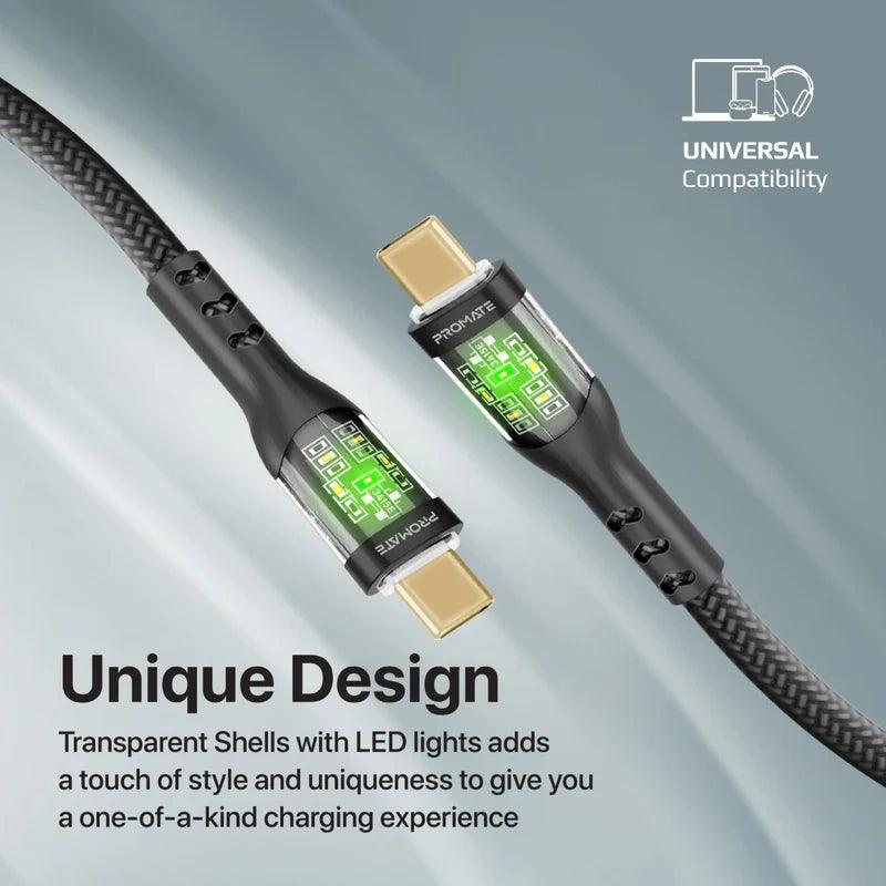 PROMATE TransLine-CC 60W Power Delivery Ultra-Fast USB-C Cable with Transparent Shells