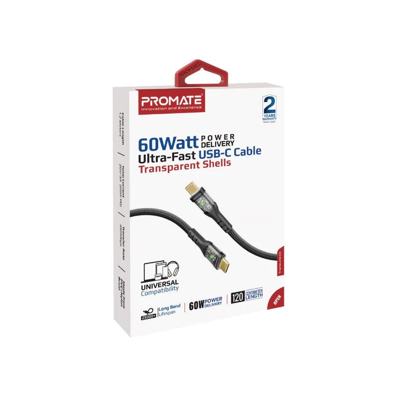 PROMATE TransLine-CC 60W Power Delivery Ultra-Fast USB-C Cable with Transparent Shells