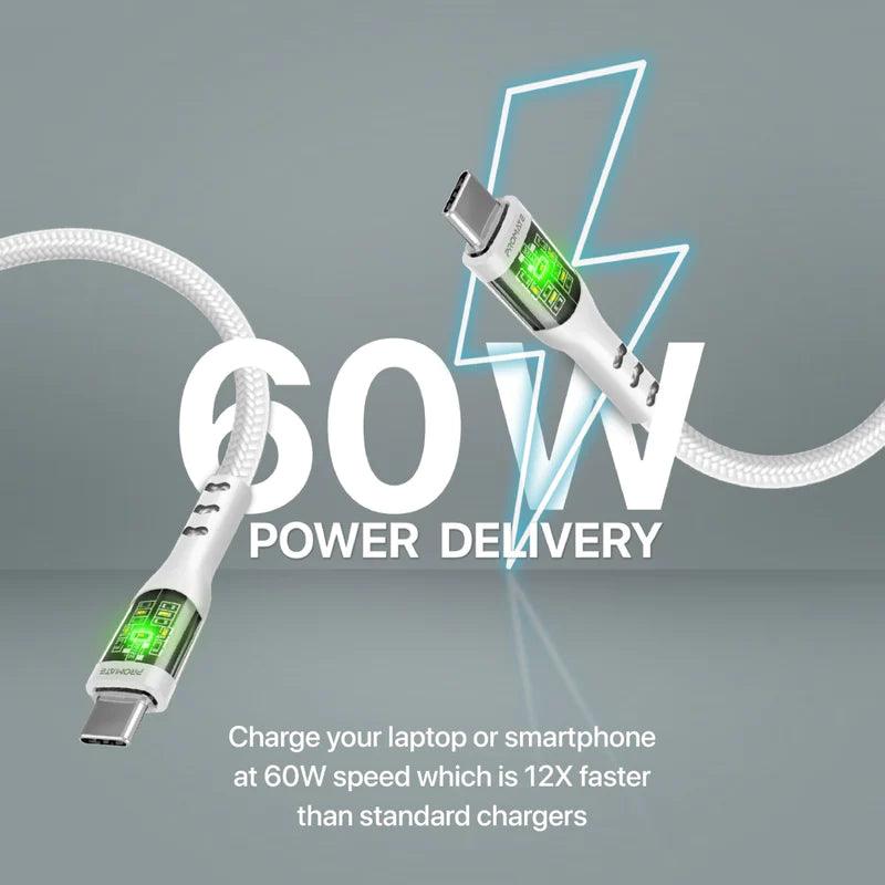 PROMATE TransLine-CC 60W Power Delivery Ultra-Fast USB-C Cable with Transparent Shells