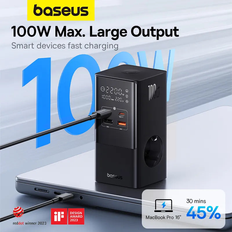 وصلة طاقة Baseus PowerCombo Tower - شاحن متعدد المنافذ بقوة 100 وات