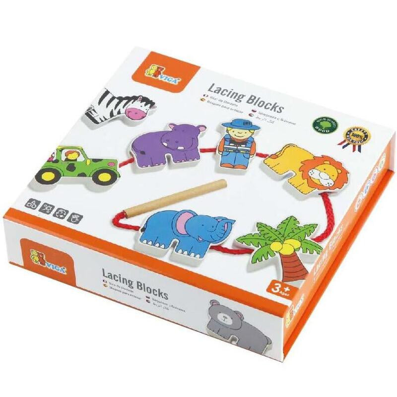 VIGA Wooden Lacing Blocks - Zoo Design (12 Pieces)