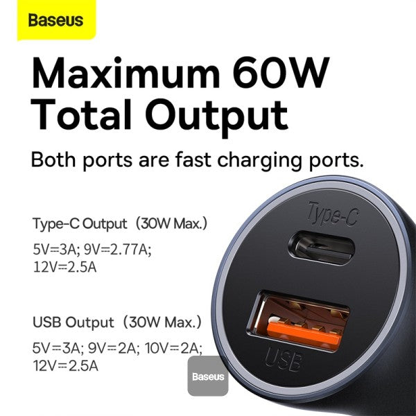 Baseus Golden Contactor Max 60W Fast Car Charger USB + USB-C Baseus Golden Contactor Max 60W Fast Car Charger USB + USB-C