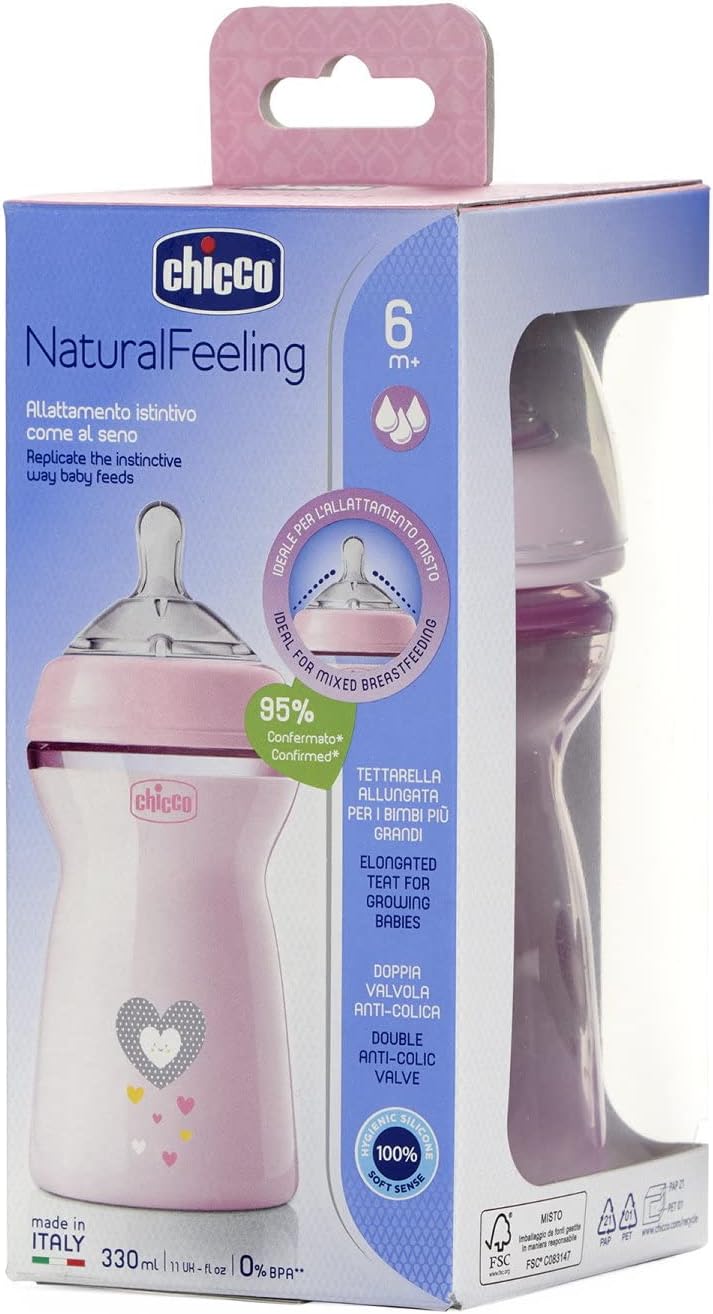 Chicco Natural Feeling Bottle 330ml Fast Flow 6M+ - Pink Chicco Natural Feeling Bottle 330ml Fast Flow 6M+ - Pink