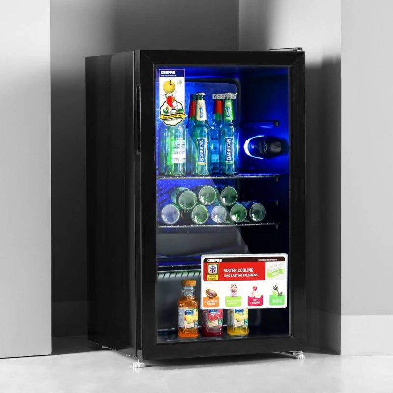 Geepas GSC1223 120L Showcase Chiller – Low-E Double Glass Door, LED Light, Quick Cooling | Black