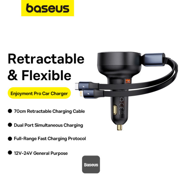 Baseus Enjoyment Pro Car Charger U+Retractable C & iP Cable 60W Cluster Baseus Enjoyment Pro Car Charger U+Retractable C & iP Cable 60W Cluster