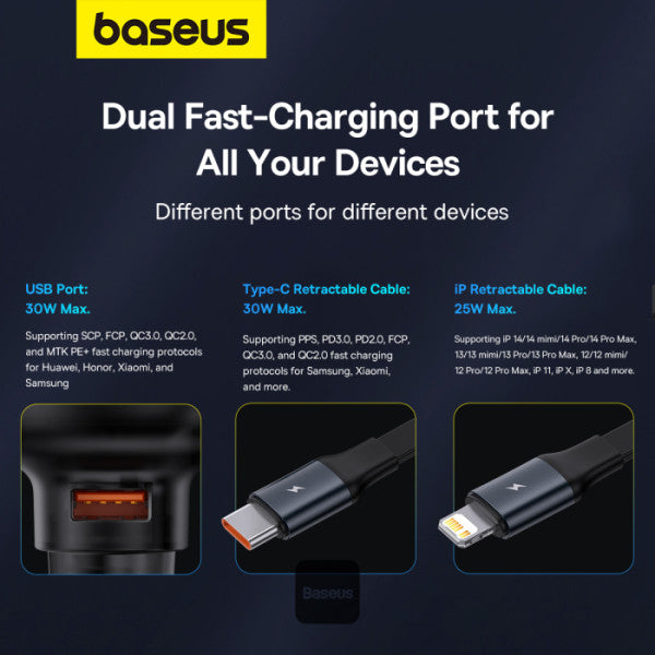 Baseus Enjoyment Pro Car Charger U+Retractable C & iP Cable 60W Cluster Baseus Enjoyment Pro Car Charger U+Retractable C & iP Cable 60W Cluster