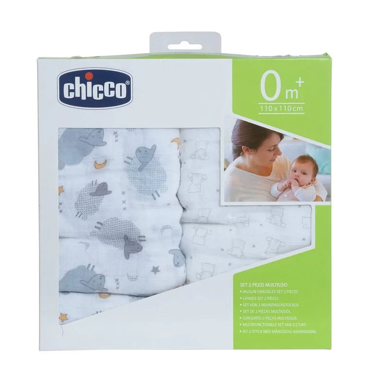 Chicco Baby Swaddles 2-Pack – Muslin Cotton Bear & Grey Sheep Chicco Baby Swaddles 2-Pack – Muslin Cotton Bear & Grey Sheep