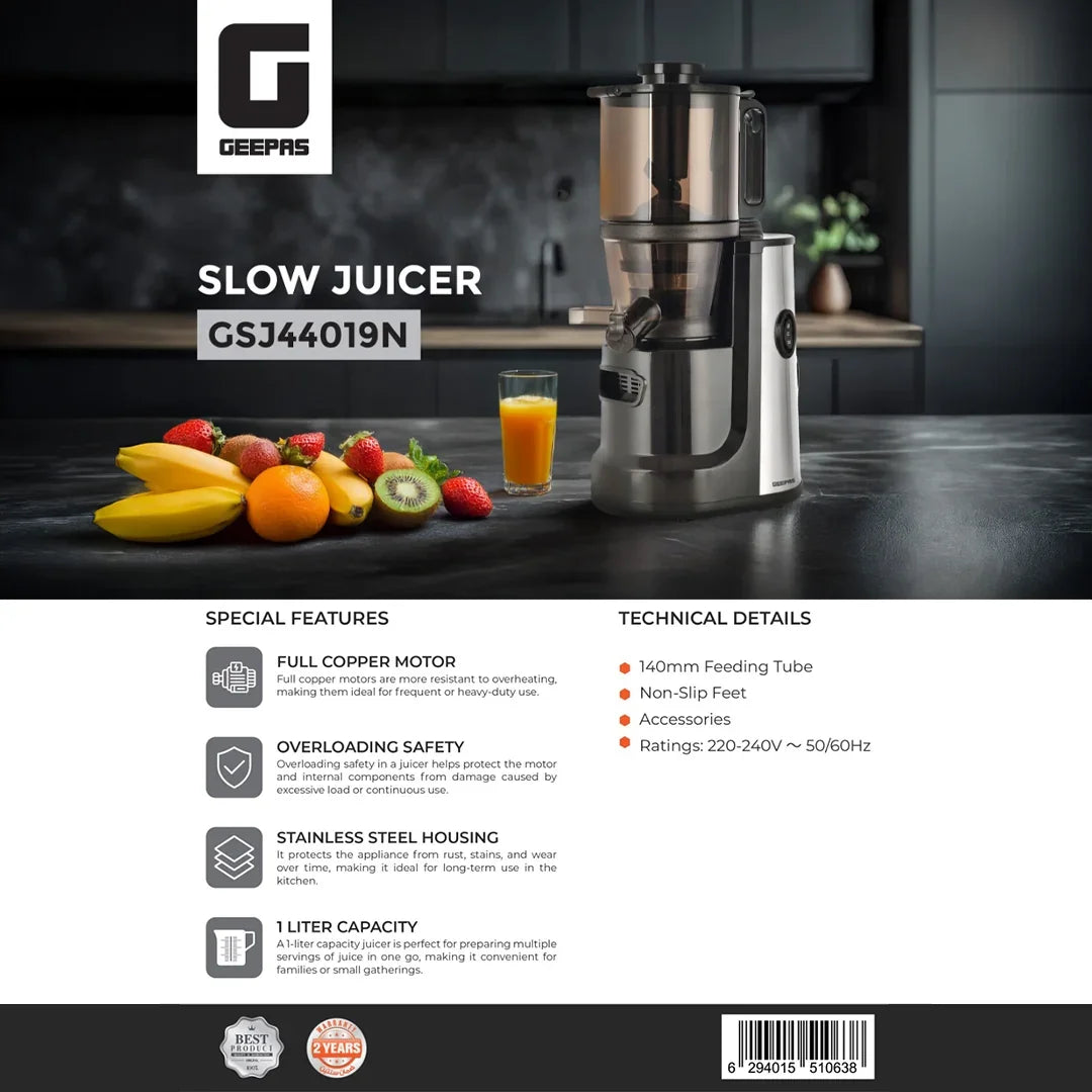 Geepas 1.0L Slow Juicer, 140mm Feeding Tube, Copper Motor, Black GSJ44019UK