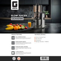 Geepas 1.0L Slow Juicer, 140mm Feeding Tube, Copper Motor, Black GSJ44019UK