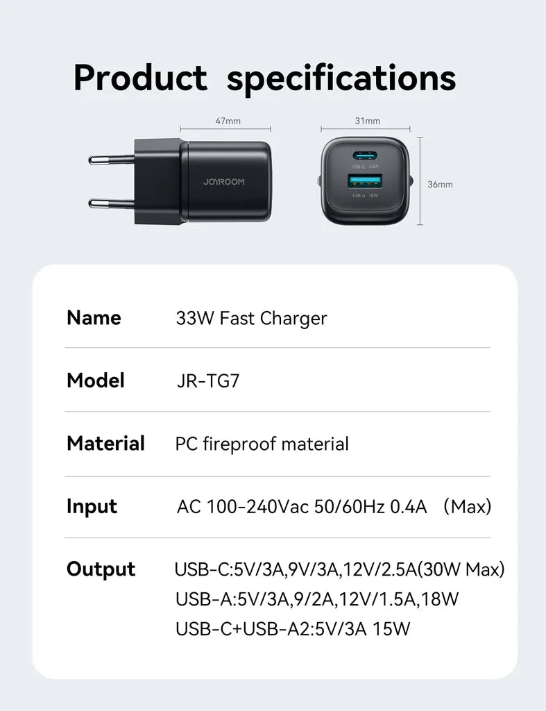 شاحن Joyroom JR‑TG7 33W + كابل A9 USB‑C 60W 1 م – أسود