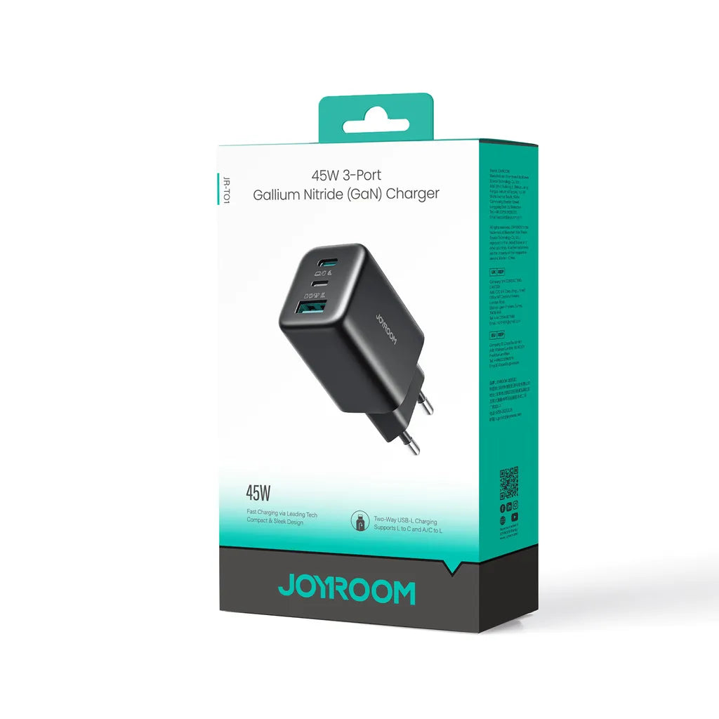 شاحن Joyroom JR‑TO1 GaN 45W 3 منافذ – USB‑C & USB‑A