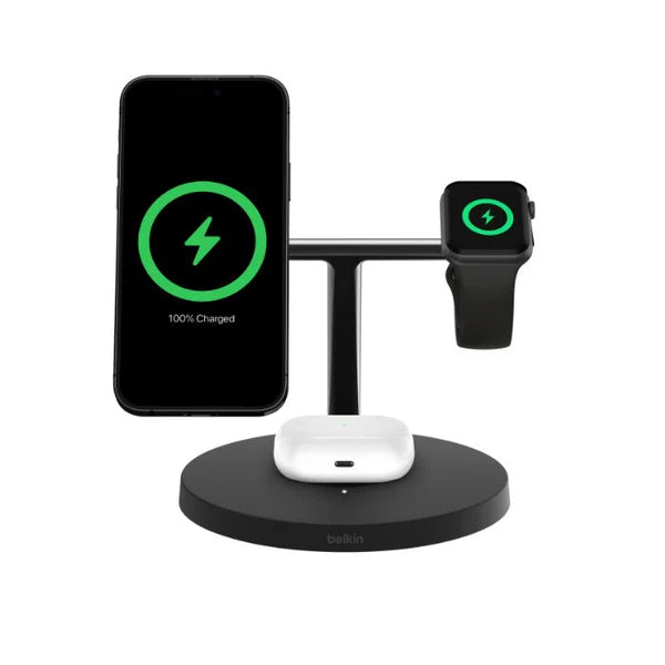 قاعدة شحن Belkin BoostCharge 3 في 1 مع شاحن Qi2 MagSafe WIZ032kqBK
