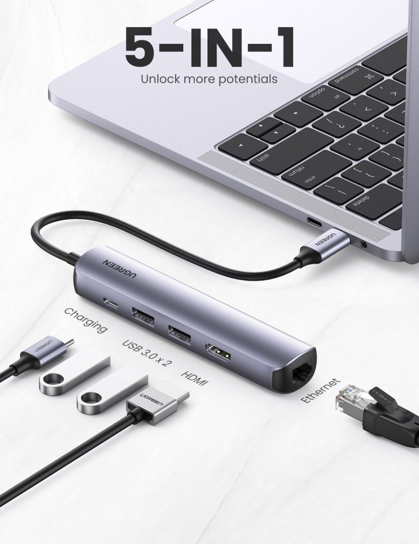 UGREEN 5 في 1: محول USB-C مع HDMI وإيثرنت فائق النحافة