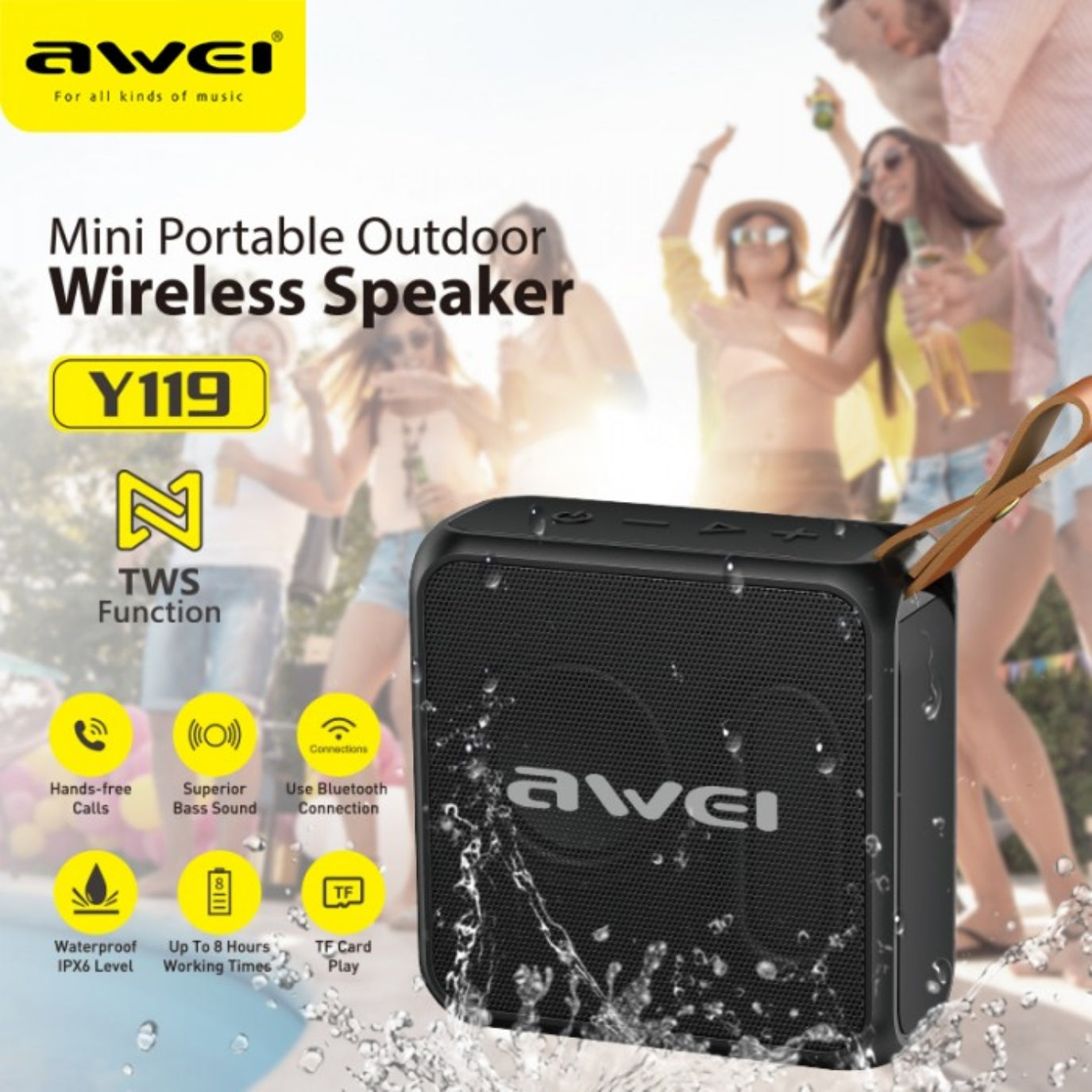 Awei Mini Portable Outdoor Waterproof Bluetooth Wireless Speaker - Black