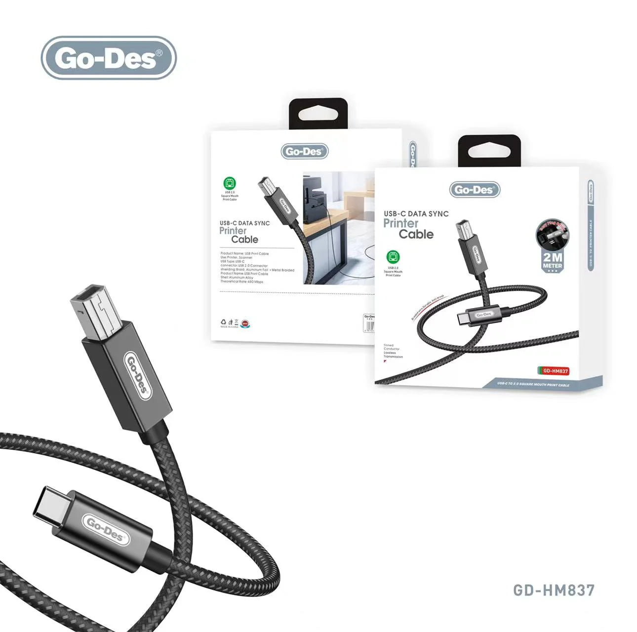 Go-Des Printer Cable USB 2.0 Type C to Type B Cable for Printer Scanner for fax machine
