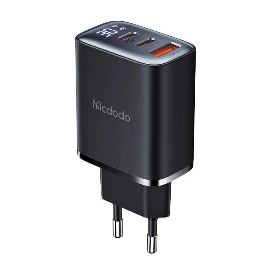 Mcdodo 30W Wall Charger with Retractable Cable & Display - Black