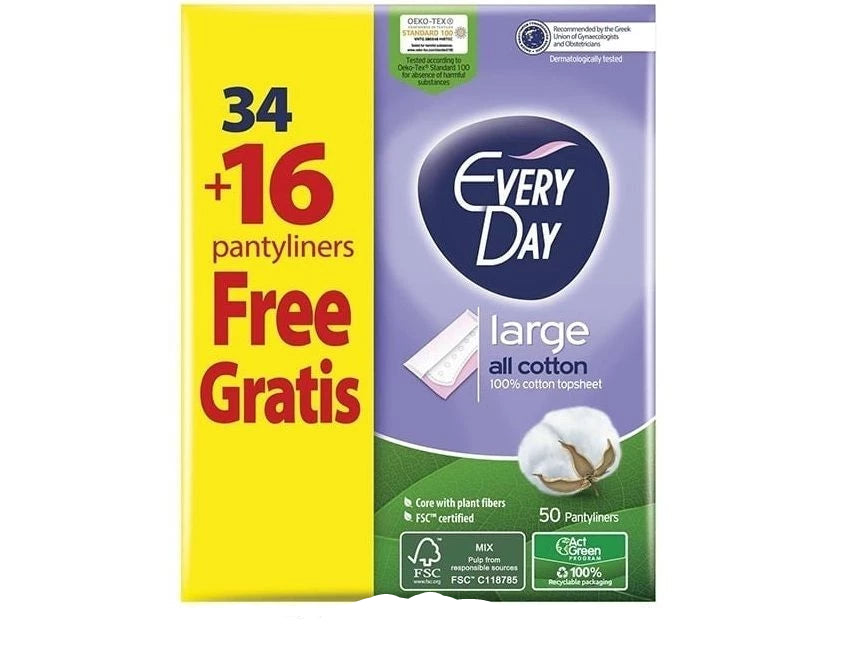 EveryDay Long Cotton Daily Pantyliners Large 50 pcs | 34+16 Free