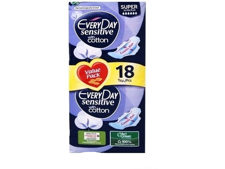 EveryDay Sensitive Cotton Sanitary Pads – Value Pack Super Ultra Plus (18 Pads)