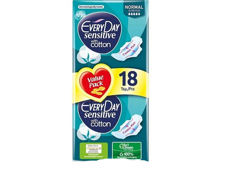 EveryDay Sensitive Cotton Sanitary Pads – Value Pack Normal Ultra Plus (18 Regular Pads)