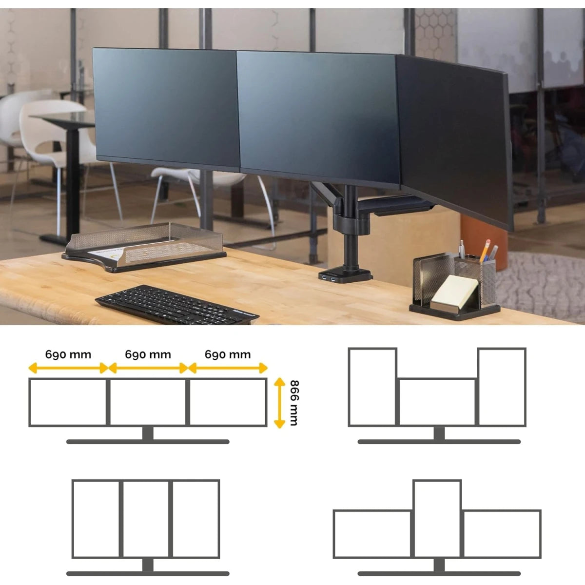 Fellowes Platinum Series Adjustable Triple Monitor Arm - Black