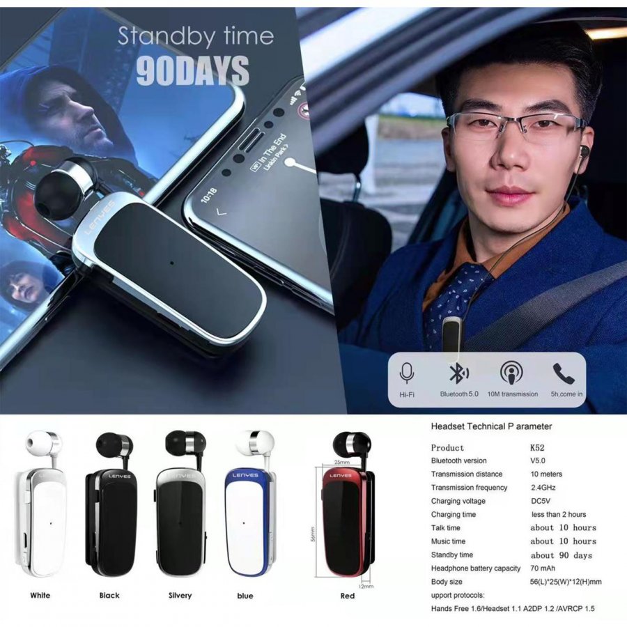 Lenyes Bluetooth Clip-On Wireless Headset