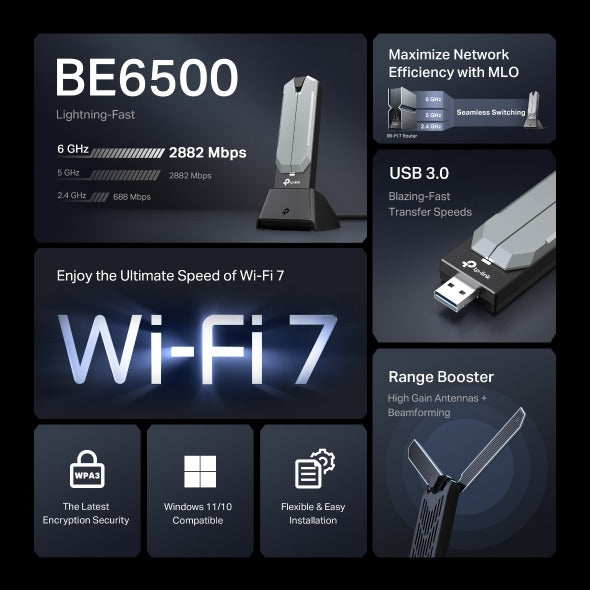 محول USB Wi-Fi 7 من تي بي-لينك بسرعة تصل 6500 ميجابت محول USB Wi-Fi 7 من تي بي-لينك بسرعة تصل 6500 ميجابت