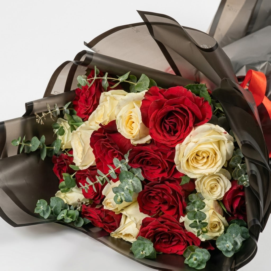 5 Red & 5 White Roses Bouquet — Luxury Black Organza Wrap