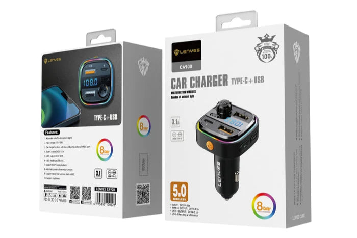 Lenyes CA900 شاحن سيارة سريع 2×USB + Type-C – أسود

