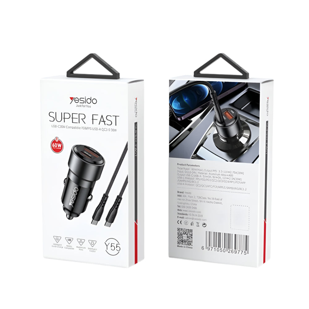 YESIDO 60W Fast Car Charger - With Type-C to Type-C Cable YESIDO 60W Fast Car Charger - With Type-C to Type-C Cable