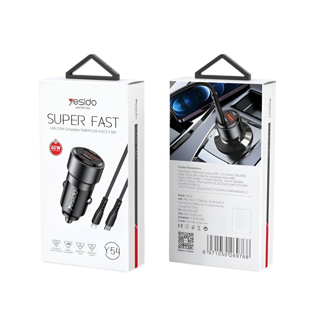 شاحن سيارة سريع Y54 بقوة 60 وات - مع كابل من النوع C إلى Lightning شاحن سيارة سريع Y54 بقوة 60 وات - مع كابل من النوع C إلى Lightning