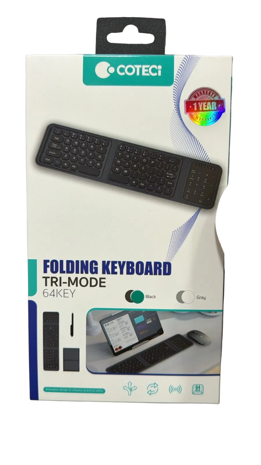 COTECI Folding Keyboard Tri-Mode 64KEY | Bluetooth Wireless | Portable | Rechargeable | 1 Year Warranty