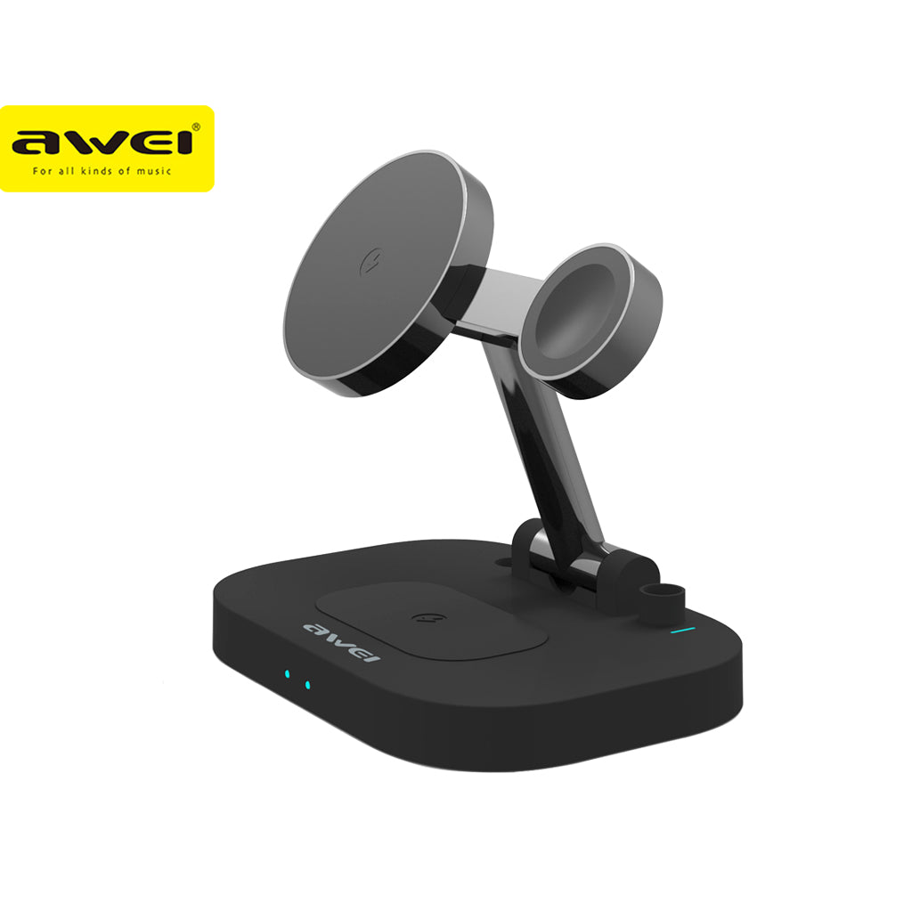 Awei Foldable 4 in 1 Wireless Charger Fast Charging Station for Cellphone Samrt Watch Earphones 15W Magnetic Charging Stand