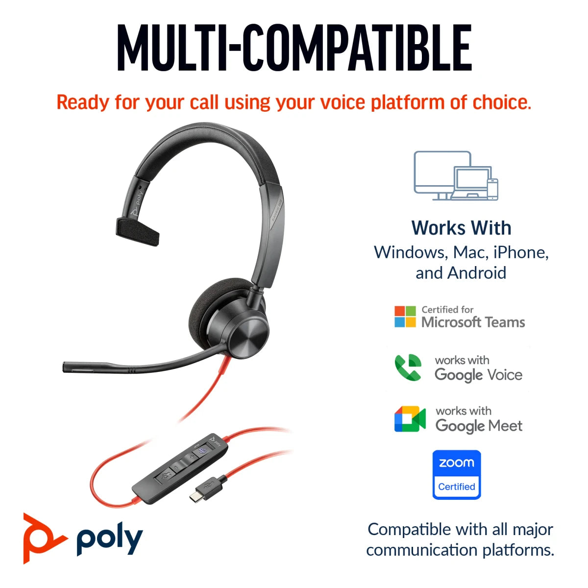 Poly Blackwire 3310 Mono USB-C Headset – Noise-Canceling Mic, SoundGuard, USB-C/A Adapter