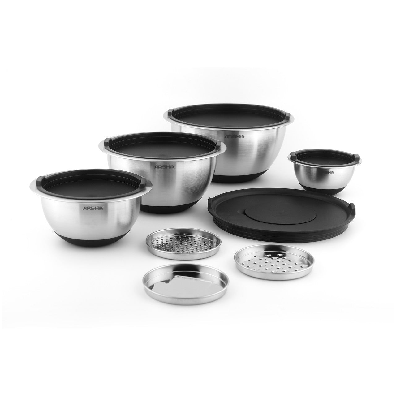 Arshia 12-Piece Stainless Steel Mixing Bowl Set with Grater – Multi-Size Bowls, Airtight Lids, Non-Slip Bases & 3 Grater Attachments