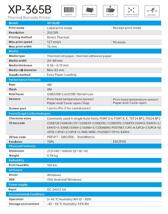 Xprinter XP-365B High-Speed Thermal Barcode & Receipt Printer
