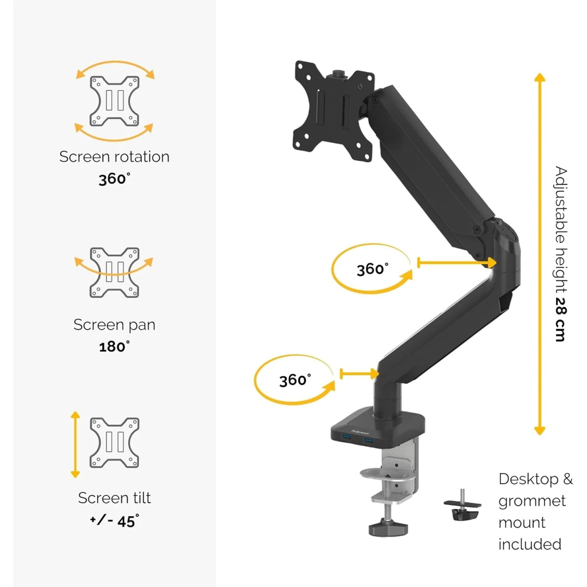 Fellowes Platinum Series Single Adjustable Monitor Arm - Black