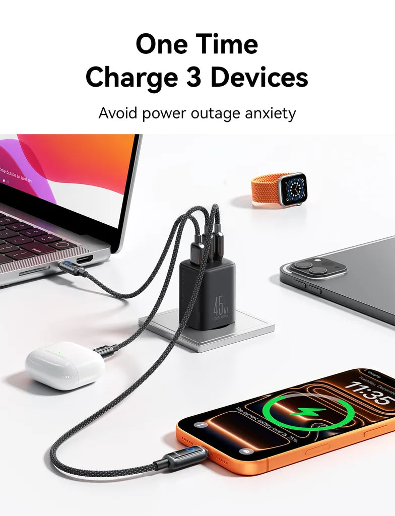 شاحن Joyroom JR‑TO1 GaN 45W 3 منافذ – USB‑C & USB‑A