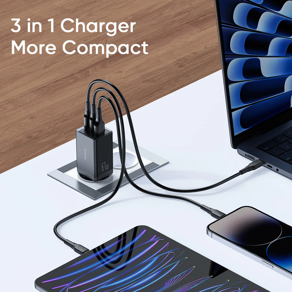 MCDODO 67W GaN Mini Fast Charger 3 Ports Full Protection - Black MCDODO 67W GaN Mini Fast Charger 3 Ports Full Protection - Black