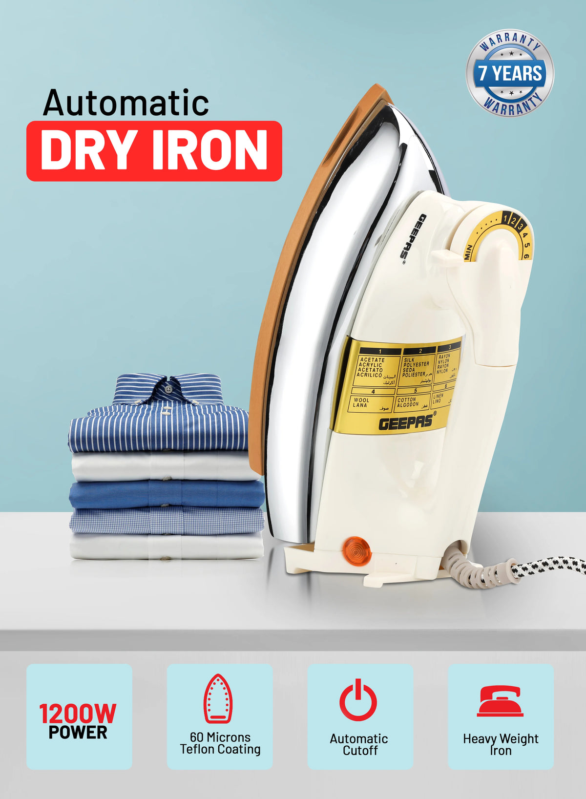 Geepas Heavyweight Dry Iron 1200W Teflon Non-Stick Soleplate Geepas Heavyweight Dry Iron 1200W Teflon Non-Stick Soleplate