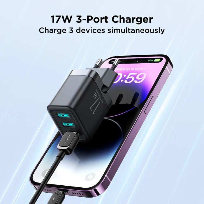 Joyroom 3USB Charger 3.4A Fast Charging & Safe Design - Black Joyroom 3USB Charger 3.4A Fast Charging & Safe Design - Black